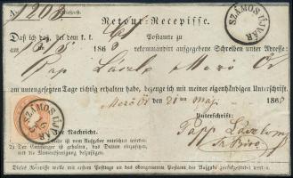 1863 10kr Tértivevényen / on Retour recepisse "SZÁMOS ÚJVÁR" (egyik bélyegzés dátum nélkül / 1 postmark without date)