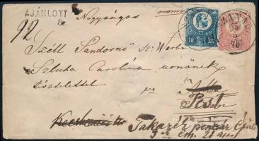 1873 Ajánlott 5kr díjjegyes küldemény, elfogazás miatt alul és felül ollóval vágott Réznyomat 10kr díjkiegészítéssel \"SZANÁD\", továbbítva Pestre / Registered 5kr PS-cover wi