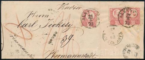 1873 3 x Réznyomat 5kr ajánlott levélen \"ALKENYÉR\" / 3 x Mi 10 on registered cover