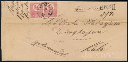 1871 Ajánlott levélen Kőnyomat 5kr pár + a hátoldalon bontásnál kettévágott Kőnyomat 5kr. A boríték hajtott, de a bélyegeket ez nem érinti. "NOVOSZELLO" (Gudlin 600 p) / 3 x Mi