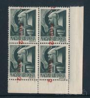 1946 Betűs II. kiadás Any.2./1f ívsarki 4-es tömbben eltolódott piros felülnyomással (fogelválások falccal javítva / aparted perfs., repaired)