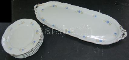 Zsolnay porcelán búzavirág mintás tál + 6 tányér / Zsolnay chinaware 6 plates  tray