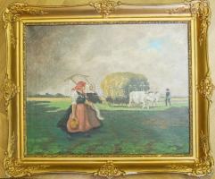 1927 Szentgály Ferenc: Hazafelé a munkából, olaj-vászon, jelzett, keretben 50x65 cm (hátoldalán a Magyar Nemzeti Galéria pecsétjével)