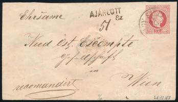 1867 5kr díjjegyes + hátul 10kr ajánlott levél karácsonyi dátummal "NAGY-SZEBEN" - "WIEN"
