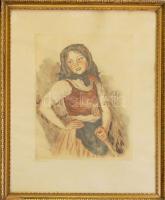 Glatz Oszkár (1862-1958)-Prihoda István (1891-1956): Parasztlányka; színezett rézkarc, szignált keretben 45x50 cm