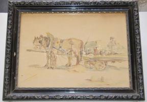 cca 1930 Futó ... jelzéssel: Kőfaragó kocsi, akvarell-papír, keretben 35x27 cm