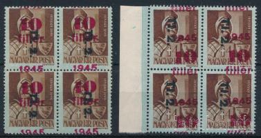1945 2 db Betűs négyestömb elcsúszott piros felülnyomással (ránc / crease)