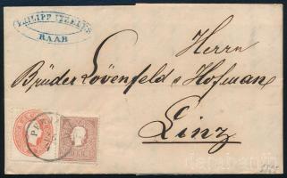 1861 5kr + 1858 10kr II. vegyes bérmentesítés teljes tartalmú levélen