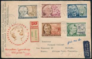 1950 Gyermek I. sor ajánlott légi levélen Marokkóba / Mi 1101-1105 on registered airmail cover to Maroc