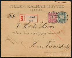 1895 Ajánlott levél 3 x Színesszámú 2kr és 3kr + Feketeszámú 5kr vegyes bérmentesítéssel Szegedről Hódmezővásárhelyre / Registered cover with 3 x 2kr + 3 x 3kr + 5kr franking