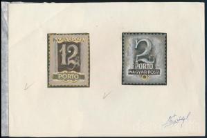 ca. 1960 Légrády Sándor 2 képes portóbélyegterv a művész aláírásával, képméret kb. 4 cm x 5 cm (12f és 2f)