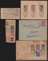 1947 Harmincéves a Szovjetunió - NOSzF I. 3 db levél és egy csomagszállító szelvény a sor bélyegeivel + feladóvevény alkalmi bélyegzéssel