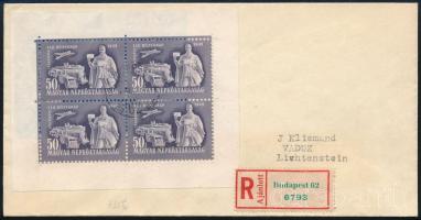 1949 Bélyegnap kisív ajánlott levélen Liechtensteinbe / Mi 1065 block on registered cover to Liechtenstein