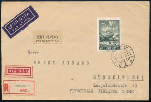 1957 Repülő V. záróérték hármaslyukasztással, ajánlott, expressz légi levélen Finnországba