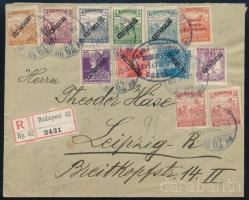 1920 Ajánlott levél Budapestről 12 db bélyeggel Leipzigbe / Registered cover with 12 stamps to Leipzig