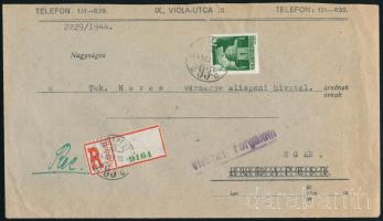 1944 Ajánlott levél 1P bérmentesítéssel, "Vissza! Forgalom szünetel" jelzéssel és szükségragjeggyel / Returned registered cover with Mi 739 "BUDAPEST" - Eger