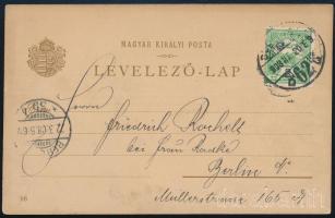 1908 Millenniumi díjjegyes levelezőlap Turul 5f bélyeggel / Millennial PS-card "BUDAPEST" - "BERLIN"