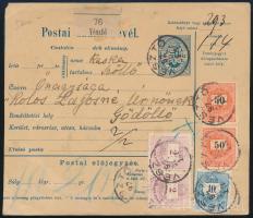 1897 Szállítólevél háromszínű bérmentesítéssel: Színesszámú 2 x 2kr + 10kr és Feketeszámú 2 x 50kr / Parcel card with mixed franking, "VÉSZTŐ"