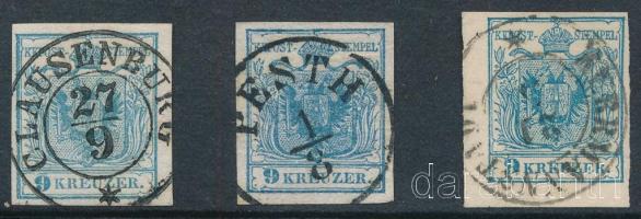 1850 3 db 9kr I, II, III. típus / 9kr type I, II and III