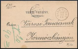 1903 Díjmentes tértivevény / Retour recepisse "BARS-RUDNÓ" - "KÖRMÖCZBÁNYA"