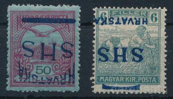SHS 1918 Turul 50f és Arató 6f fordított felülnyomattal (**16.000) / with inverted overprint. Signed: Bodor