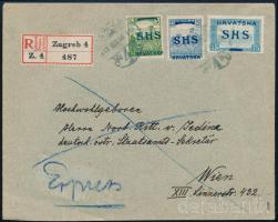 SHS 1918 Ajánlott expressz levél 3 db bélyeggel Zágrábból Bécsbe / Registered express cover with 3 stamps. Signed: Bodor