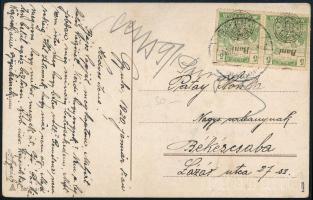 Gyula 1920.01.08. Az ideiglenes román megszállás alatti Gyulán nagyváradi felülnyomású 2 x 5f bélyeggel feladott képeslap Békéscsabára