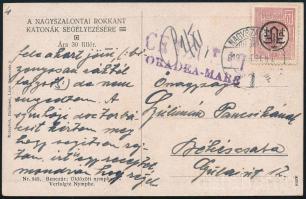 1919 Nagyszalontáról feladott cenzúrázott képeslap román bélyeggel Békéscsabára / Postcard with censorship "NAGYSZALONTA" - Békéscsaba Signed: Bodor