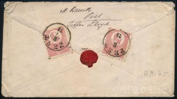 1871 5kr díjjegyes boríték 2 x Kőnyomat 5kr díjkiegészítéssel ajánlott küldeményként Bécsbe "PEST" / Registered 5kr PS-cover with 2 x Mi 3 additional franking to Vienna