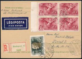 1940 Ajánlott légi levelezőlap 5 bélyeggel Zürichbe