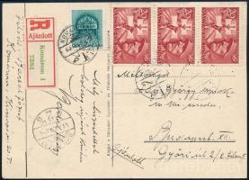 1941 Ajánlott képeslap 4 bélyeggel / Registered postcard "KOMÁROM" - Budapest