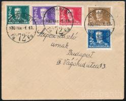 1930 Budapest helyi levél Kormányzói 10 éves évforduló sorral, első napi bélyegzéssel / Mi 458-462 on local FDC