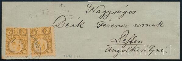 1872 2 x 2kr 2. súlyfokozatú újságszalagon, Deák Ferencnek címezve.