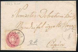 1867.04.30. Levél Palotáról Pápára az Osztrák Postaigazgatás utolsó napján feladva és megérkezve május 2-án, a Magyar Postaigazgatás 2. napján (dátum a levél belső feljegyzésében)