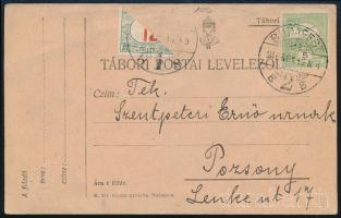 1916 Tábori posta levelezőlap Turul 5f bérmentesítéssel + felezett 12f portóbélyeggel