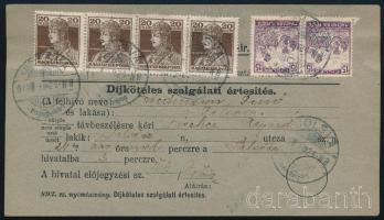 1919 Díjköteles szolgálati értesítés Arató 2 x 15f + Károly 4x 20f bérmentesítéssel