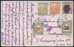 1921 Képeslap Arató 5f + 40f és Búzakalász 15f bérmentesítéssel, Pirosszámú 10f + 20f Zöldportóval