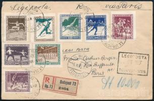 1925 Sport I. sor ajánlott légi levélen, a hátoldalon Koronás Madonna 3000K + 2 x 10000K is