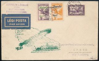 1931 Zeppelin léghajóval továbbított levél Németországba, Zeppelin sorral + Repülő 32f bélyeggel / Mi 478-479 set on airmail cover forwarded by Zeppelin airship to Germany