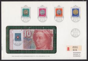 Svájc 1979. 10F elsőnapi bélyegzővel, dekoratív, nagyalakú bankjegyes, bélyeges borítékon, 4 klf régi svájci pénzérmét ábrázoló bélyeggel és alkalmi bélyegzővel T:I a bankjegy beváltható