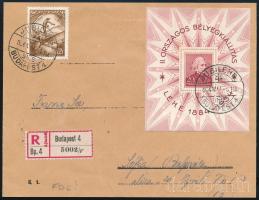 1934 LEHE blokk + Repülő II. 72f ajánlott levélen Szófiába; ritka desztináció! / Mi 507 + Mi 1 block on registered cover to Sofia