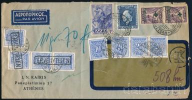 1937 Görögországból Budapestre érkezett légi levél duplán (140f) portózva / Airmail cover from Greece to Budapest with too many postage due stamps, half invalidated