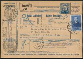 1938 Szállítólevél Budapestről New Yorkba Kormányzói arcképsor I. 1P + 2 x 5P bélyeggel / Mi 565 + 2 x 567 on parcel card from Budapest to New York