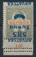 SHS 1918 Sürgős ívszéli bélyeg látványosan elcsúszott, fordított felülnyomással, hármas fogazással / Mi 58 shifted inverted overprint, triple perforation Signed: Bodor