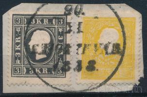 1858 3kr I. fekete + 2kr II. kivágáson \"SZIGETHVÁR\"