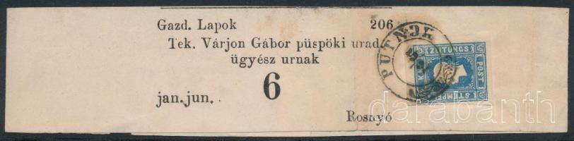 ~1859 Teljes címszalagon kék Hírlapbélyeg, luxus minőségben! "PUTNOK" - Rosnyó / Newspaper stamp on complete wrapper