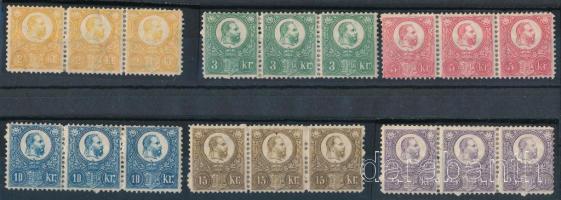 1883 Réznyomat ÚJNYOMAT teljes sor hármascsíkokban. Nagyon ritka az összefüggés a korai kiadásoknál! (mindegyik falccal megerősítve, jobb oldali 25kr saroktörés) / Reprint set U8-U13 stri