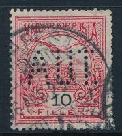 1906 Turul 10f bélyeg AUT lyukasztással, 1906. aug. 29-i \"BUDAPEST / 4\" bélyegzéssel / Mi 79 with AUT perfin, RR! Certificate: Voloncs