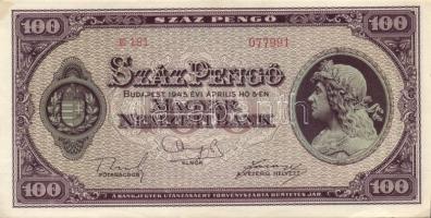 1945. 100P (2x) egymásutáni sorszámmal T:I- hajtás nélkül, sarokhajlás