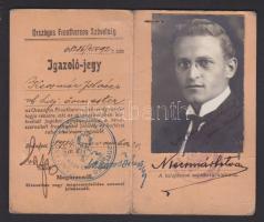 1934 Országos Frontharcos Szövetség fényképes igazolvány